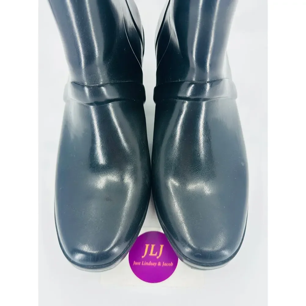 Hunter Women's Kellan Mid Black Glossy Rubber Wedge Rain Boots Size 8 SEE PHOTOS